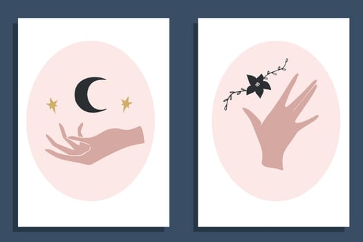 Abstract women hands with crescent  stars and flower in frames isolated on dark background. Hand drawn art