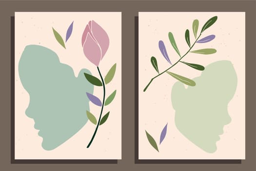 Women faces on beige background. Abastract face shape. Flowers and leaves. Pastel colored. Femininity