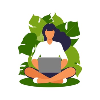 Woman with laptop sitting in nature and leaves. Concept illustration for working, freelancing, studying, education, work from home. Vector illustration in flat cartoon style