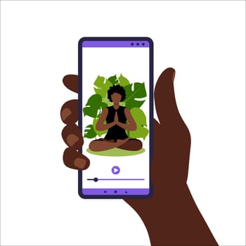 Yoga online concept. Woman doing yoga exercise at home with african online instructor on mobile phone. Wellness and healthy lifestyle at home. Woman doing yoga exercises. Vector illustration in flat.