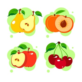 Cherry, pear, peach, red apple whole and cut fruit isolated on white background. Set. Vector illustration. Flat.