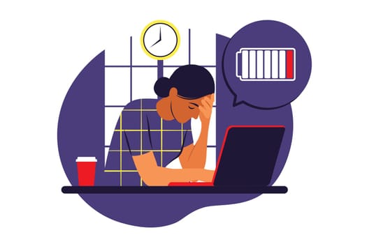 Professional burnout syndrome. Frustrated worker, mental health problems. Vector illustration. Flat
