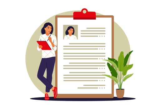 Resume concept. Woman makes resume. Vector illustration. Flat