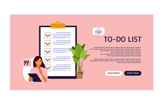 Checklist, to-do list landing page. Business idea, planning or coffee break. Vector illustration. Flat style.