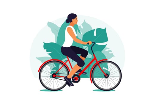 Woman on a bike in the park. Healthy lifestyle concept. Sport training. Fitness. Vector illustration. Flat.