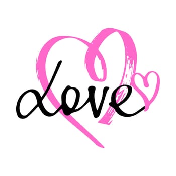 Love word in pink heart. Vector lettering.