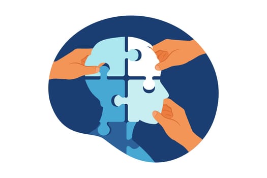 Mental illness and disorder concept. Head profile man from puzzle pieces . Vector illustration. Flat.