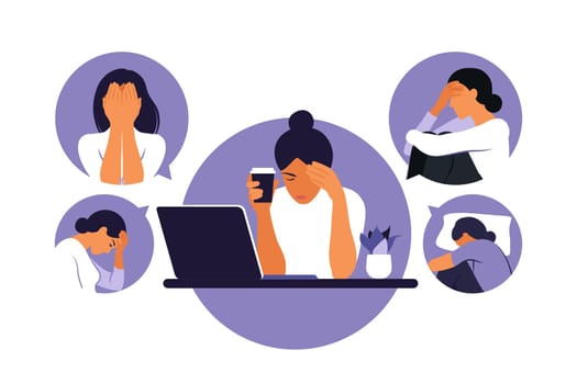 Woman in depression with bewildered thoughts in her mind. Young sad girl sitting at laptop. Vector illustration. Flat style