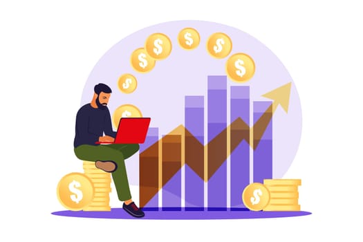 Investor man with laptop monitoring growth of dividends. Trader investing capital, analyzing profit graphs. Vector flat illustration.