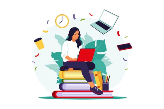 Student woman with laptop studying on online course. Online education concept. Vector illustration. Flat.