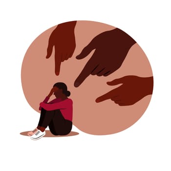 Hands of people point to the african girl. Opinion and the pressure of society and shame concept. Non-confident african woman. Vector flat
