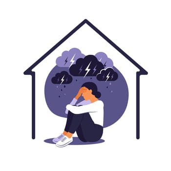Domestic violence against women concept. Woman sits alone at home under rainy stormy cloud. Her embraces her body in pain. Flat.