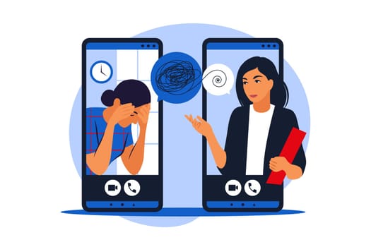 Psychological counseling concept. Psychological assistance service online on mobile phone. Therapist is helping to patient cope with a stressful situation.