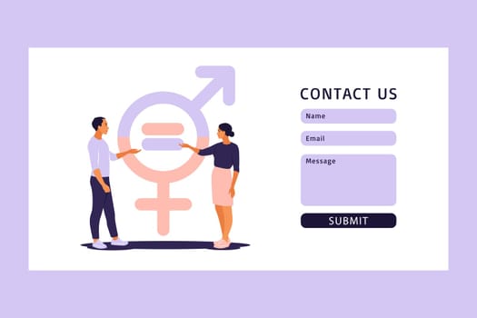 Gender equality concept. Contact us form for web. Men and women character on the scales for gender equality. Vector illustration. Flat.