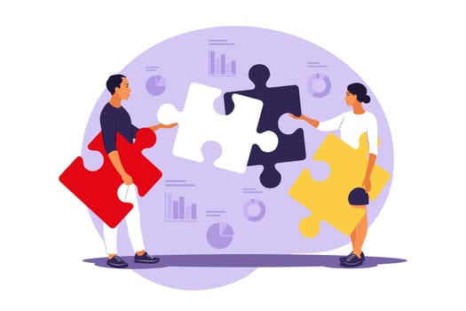 Problem solving. creative decision, difficult task concept. Man and woman assembling puzzle. Cooperation and teamwork. Vector illustration. Flat.