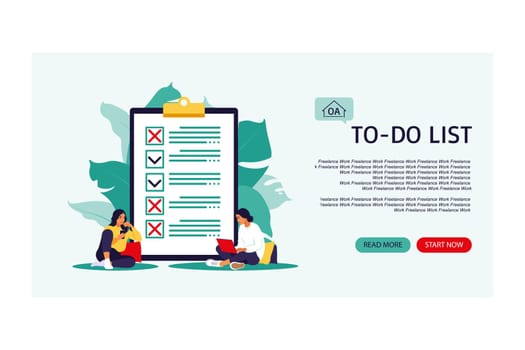 Checklist, to-do list. Landing page. List or notepad concept. Business idea, planning or coffee break. Vector illustration. Flat style.