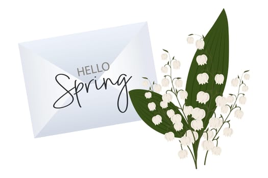 A bouquet of lilies of the valley and an envelope with the text Hello spring. Congratulations banner, postcard