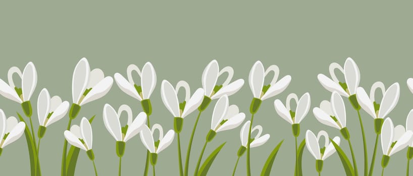 Seamless border, spring flowers snowdrops. Spring background with copy space. =