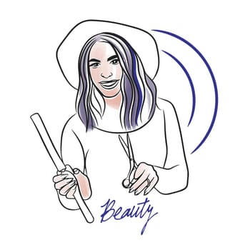 Fashion girl in a hat, hairdresser, Beauty, hand lettering, hair tools doodle