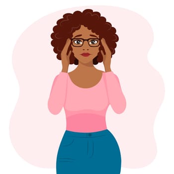 Black woman in glasses in a stressful situation. Emotions and gestures.