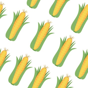 Seamless pattern with corn cobs with yellow corn grains and green leaves . Repeatable illustrations of the ripe corn on the cob. Vector illustration
