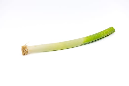 A single stalk of leeks isolated against a white background