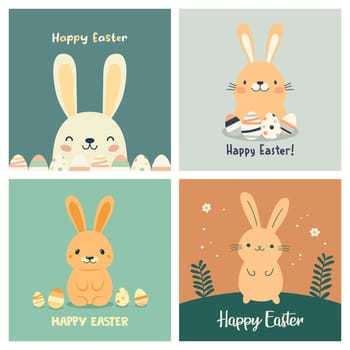 Happy Easter Card. Vector Easter Banner Set with Cute Funny Cartoon Minimalistic Rabbits and Eggs. Greeting Card, Placard for Easter Holiday with Flat Hare, Bunny. Vector Illustration