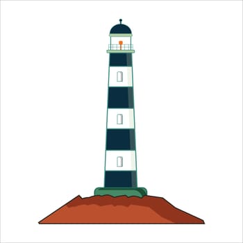 Lighthouse on rock stones island landscape, Shoreside lighthouse sea travel bright guide vector illustration graphic design