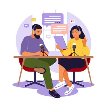 People recording podcast in studio flat vector illustration. Podcaster talking to microphone recording podcast in studio. Radio host with table flat vector illustration.