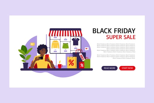Online shopping. Black friday. Landing page template with african woman. Modern concept for web. Sale. Vector illustration. Flat style.