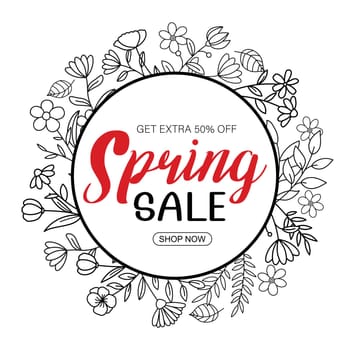 Spring sale banner with leaf and flower hand drawn on white background. Poster sale up to 50% off.