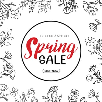 Spring sale banner with leaf and flower hand drawn on white background. Poster sale up to 50% off.