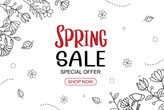Spring sale banner with leaf and flower hand drawn on white background. 