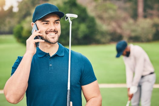 Man, phone call and communication on golf course for sports conversation or discussion in the outdoors. Happy sporty male smiling and talking on smartphone while golfing in sport hobby in nature.