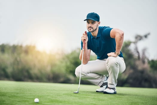 Planning, sports and golf with man on field for training, competition match and thinking. Games, challenge and tournament with athlete playing on course for exercise, precision and confidence