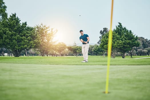Grass, golf hole and man with golfing club on course for game, practice and training for competition. Professional golfer, sports and male athlete hit ball with club for winning, score or tee stroke