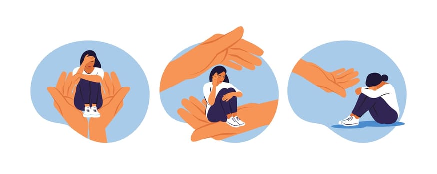 Set images with young woman character sitting on a hand palm. Help and support, a counseling session. Psychotherapy concept. Vector illustration.