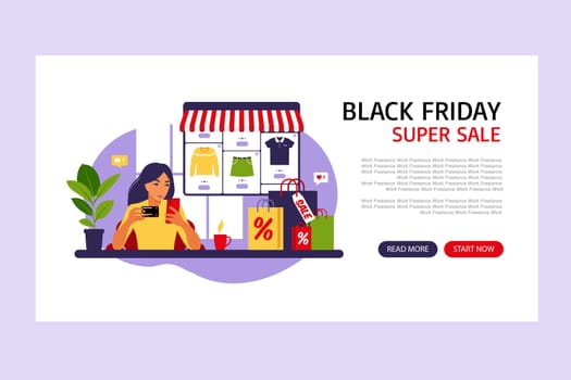Online shopping. Black friday. Landing page template with young woman. Modern concept for web. Sale. Vector illustration. Flat style.