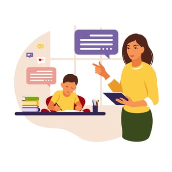 Woman teacher teaches the boy at home or school. Conceptual illustration for school, education and homeschooling.Teacher helping boy with homework. Flat style vector illustration.