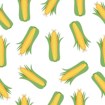 Seamless pattern with corn cobs with yellow corn grains and green leaves . Repeatable illustrations of the ripe corn on the cob. Vector illustration