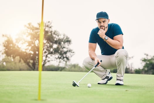 Thinking, sports and hole with man on golf course for training, competition match and planning. Games, challenge and tournament with athlete playing on field for exercise, precision and confidence