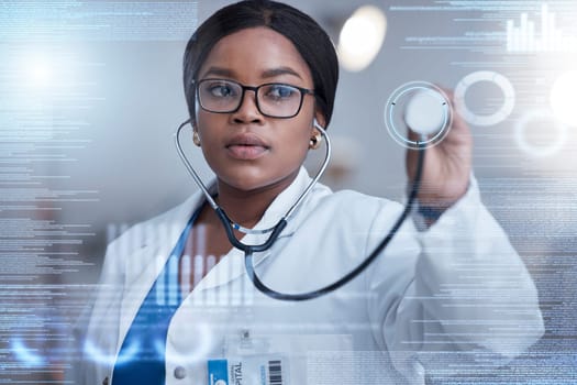 Overlay, stethoscope and futuristic black woman doctor using technology for medicine in the metaverse with 3d hologram. Data, medical and innovation in a hospital with future digital database