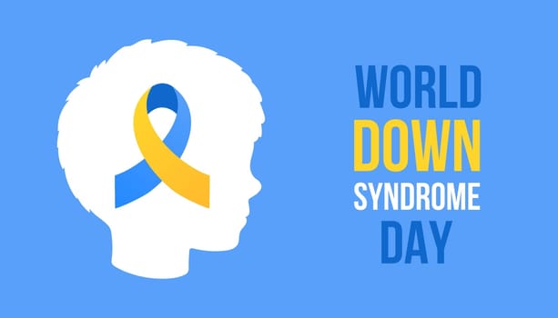 World Down syndrome Day horizontal poster. Blue, yellow ribbon, white head, blue background. Awareness ribbon.