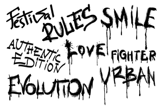 Spray painted slogans isolated on white background. Graffiti font with splatter in black on white. Vector illustration.