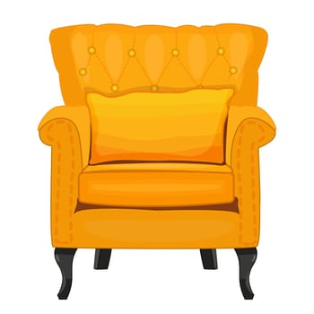 Yellow armchair with pillow isolated on  white background. Soft armchair with upholstery.