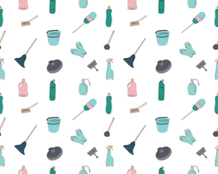Seamless pattern of cleaning equipment. Vector illustration. Cleaning products drawn with a single line.