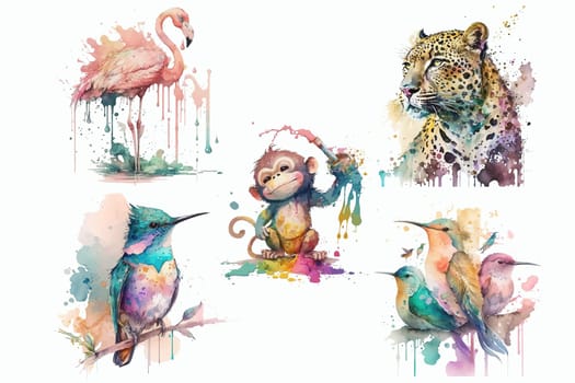 Safari Animal set birds hummingbird, monkey and jaguar, flamingo in watercolor style. Isolated vector illustration
