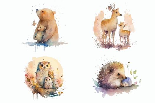 Bear, deer, owl and hedgehog with babies in watercolor style. Isolated vector illustration