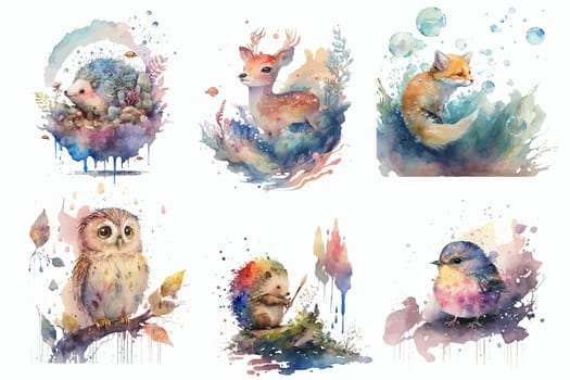 Hedgehogs, deer, fox, owl and bird in watercolor style. Isolated vector illustration