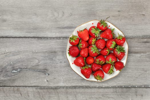 Tabletop view, plate with strawberries on gray wood desk. Space for text on left.